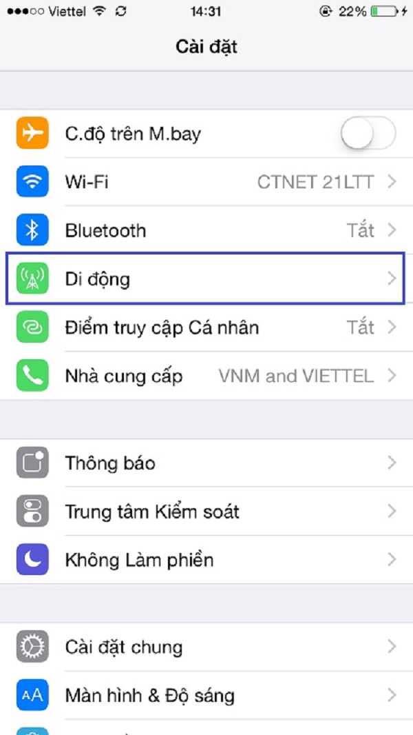 Truy cập vào mục di động