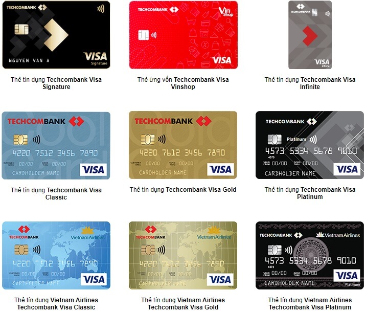 Các loại thẻ tín dụng Techcombank